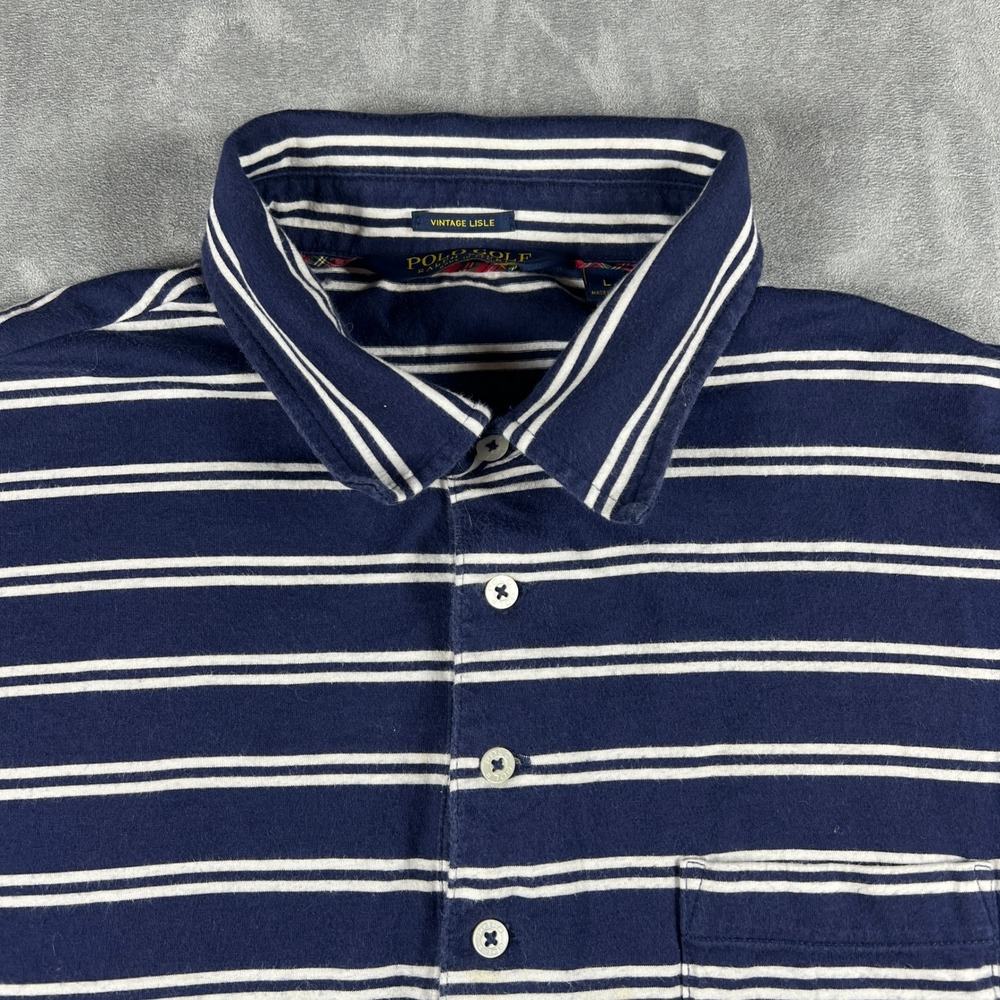 Polo Golf Ralph Lauren Mens Large Navy Blue White Striped Pima Cotton Polo Shirt